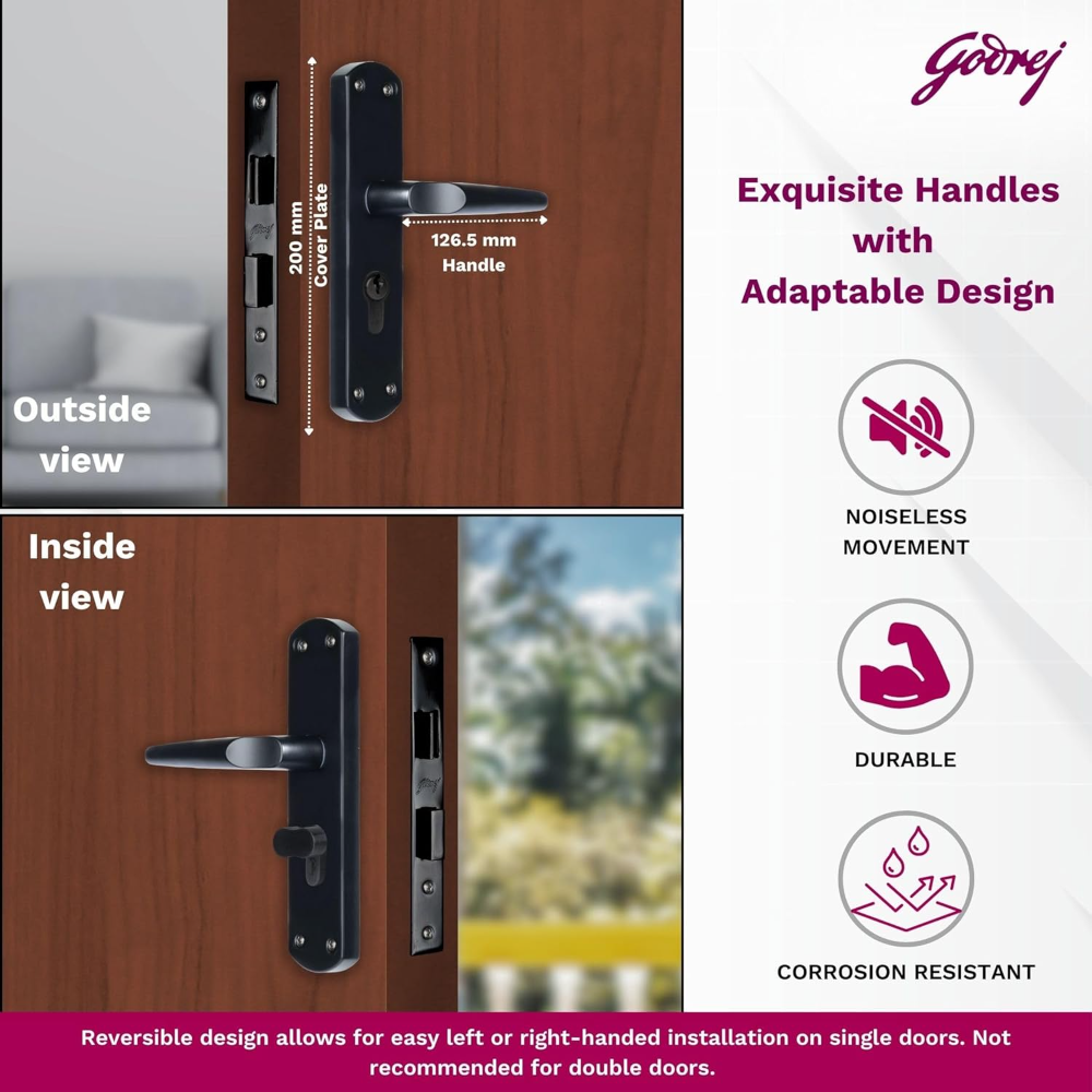 Godrej Mortise Lock I Handle Set 1CK EM01 I Matt Black Finish I 6-Lever Lock I 3 Keys I Double Throw I Left or Right Handed Door Operation I Mortise Lock with Latch for Home | 5 Years Warranty